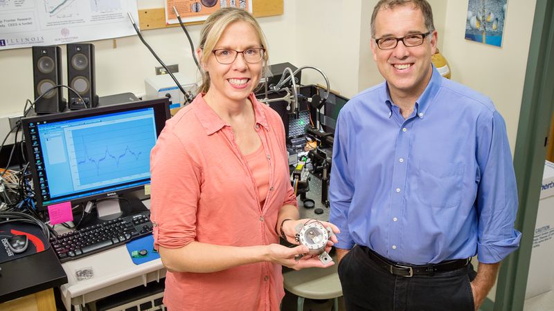 Illinois professors Nancy Sottos and Andrew Gerwith developed a method to comprehensively measure the mechanical stress and strain in lithium-ion batteries. It revealed a point of stress in charging that, if addressed through new methods or materials, could lead to faster-charging batteries.   Photo by L. Brian Stauffer