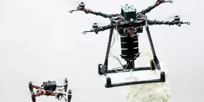 Drones as 3D printers: An international research group used a swarm of such autonomous flying robots to print structures from a custom-designed cementitious material. A team led by Stefan Leutenegger, Professor of Machine Learning in Robotics at TUM, ensured that the drones could perform the necessary precise flight maneuvers. Vijay M. Pawar & Robert Stuart-Smith / University College London, Department of Computer Science, London