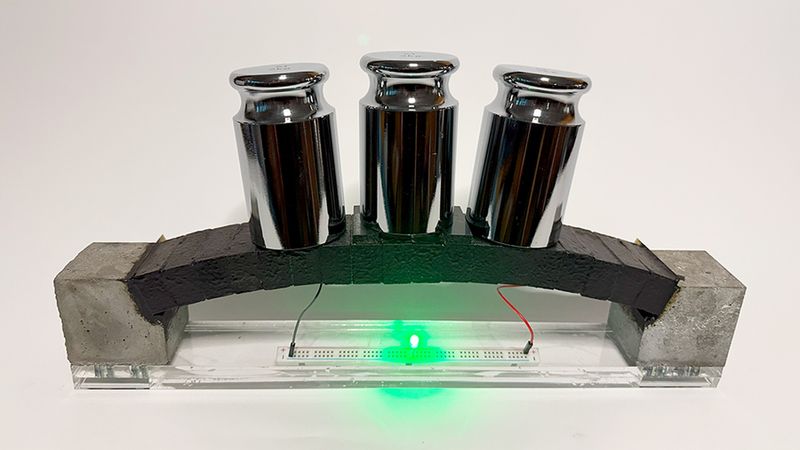 An electron-conducting carbon concrete (ec³)-based arch structure integrates supercapacitor electrodes for dual functionality. The prototype demonstrates both structural load bearing and the ability to power an LED, with the light’s intensity varying under applied load, highlighting the potential for real-time structural health monitoring via the supercapacitor. Image courtesy of the MIT EC³ Hub.