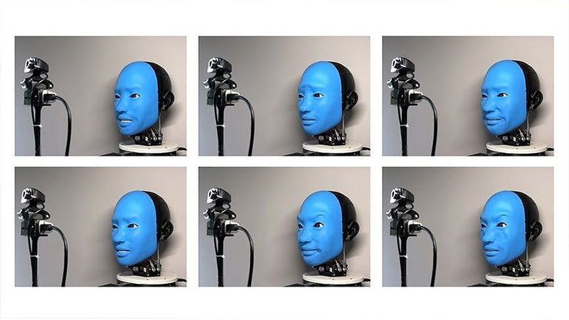 Data Collection Process: Eva is practicing random facial expressions by recording what it looks like from the front camera.  Image And Video Credit: Creative Machines Lab/Columbia Engineering