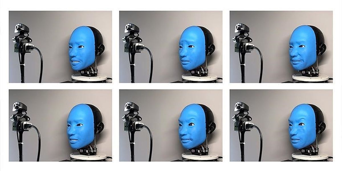 Data Collection Process: Eva is practicing random facial expressions by recording what it looks like from the front camera.  Image And Video Credit: Creative Machines Lab/Columbia Engineering