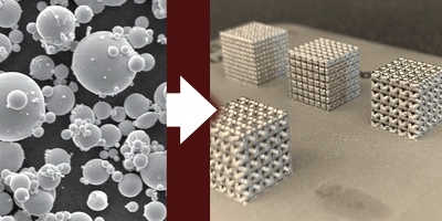 An electron micrograph of nickel-titanium powder is showcased on the left. The researchers can use this powder to fabricate 3D-printed parts, such as nickel-titanium lattices (right). | Image: Texas A&M Engineering
