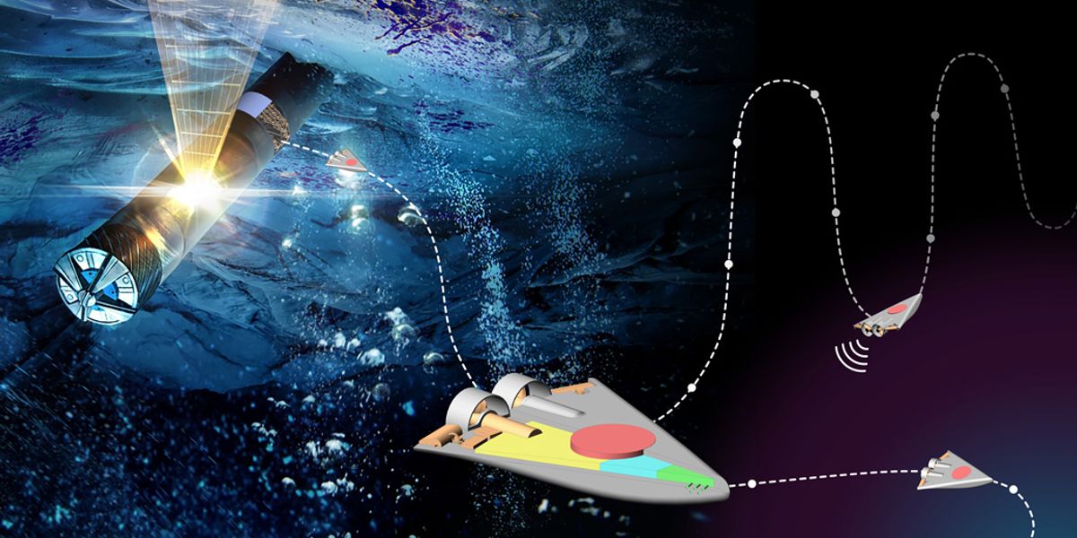 In the Sensing With Independent Micro-Swimmers (SWIM) concept, illustrated here, dozens of small robots would descend through the icy shell of a distant moon via a cryobot – depicted at left – to the ocean below. The project has received funding from the NASA Innovative Advanced Concepts program. Credits: NASA/JPL-Caltech