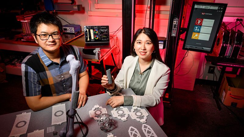 Graduate student Yingqi Jia, left, and professor Shelly Zhang used machine learning and 3D printing to fabricate a new bio-inspired material that may improve conventional methods for healing broken bones. Photo by Fred Zwicky