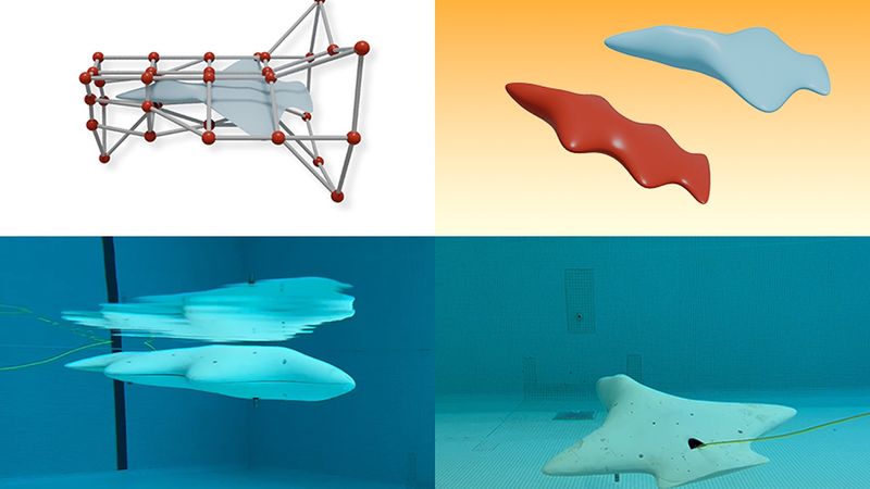 MIT researchers used a new machine-learning method to produce two real-world underwater gliders: a two-winged machine resembling an airplane (lower right), and a unique, four-winged object (lower left). Credits:Image courtesy of the researchers.