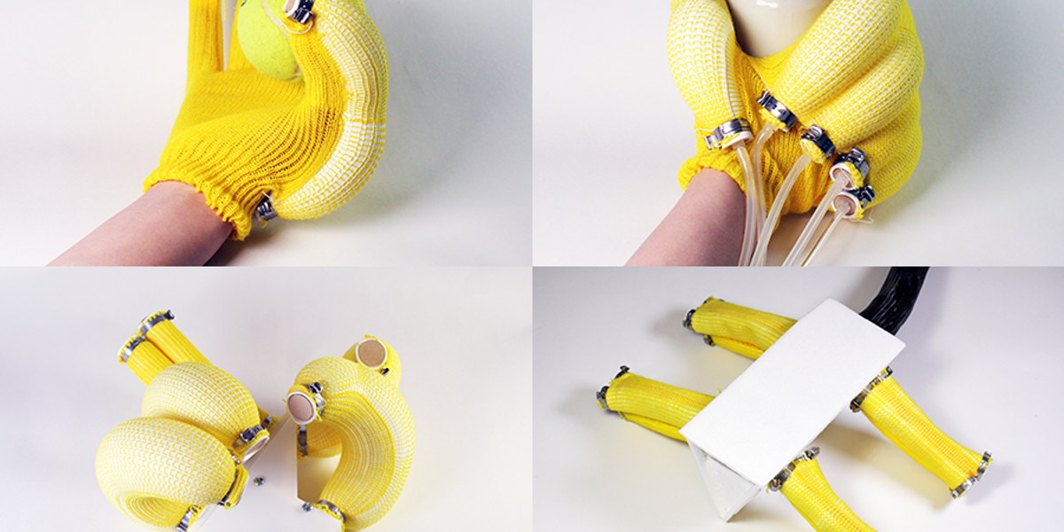 MIT scientists created a rapid design and fabrication tool, and created machine-knitted pneumatic actuators: an assistive glove, a soft hand, and a pneumatic quadrupedal robot. Photos courtesy of MIT CSAIL.