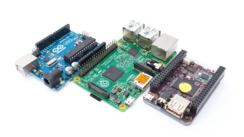 Arduino micro-controller on the left, Raspberry Pi in the middle and C.H.I.P. single-board computer on the right