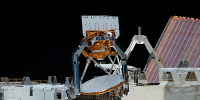 COWVR, at center, and TEMPEST, not shown, were installed aboard the International Space Station in late 2021 and since then have provided valuable weather data to forecasters tracking tropical cyclones. The two instruments are part of the U.S. Space Force STP-H8 demonstration mission. Credit: NASA