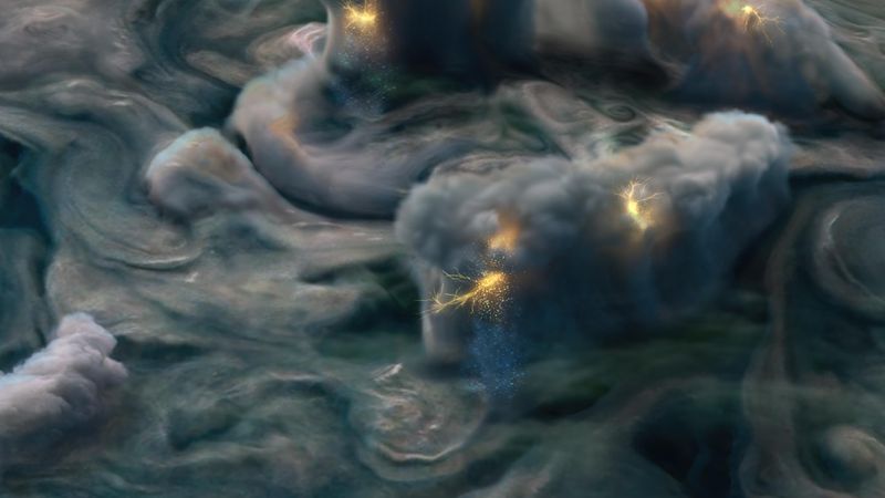 This illustration uses data obtained by NASA's Juno mission to depict high-altitude electrical storms on Jupiter. Juno's sensitive Stellar Reference Unit camera detected unusual lightning flashes on Jupiter's dark side during the spacecraft's close flybys of the planet. Image Credit: NASA/JPL-Caltech/SwRI/MSSS/Gerald Eichstädt