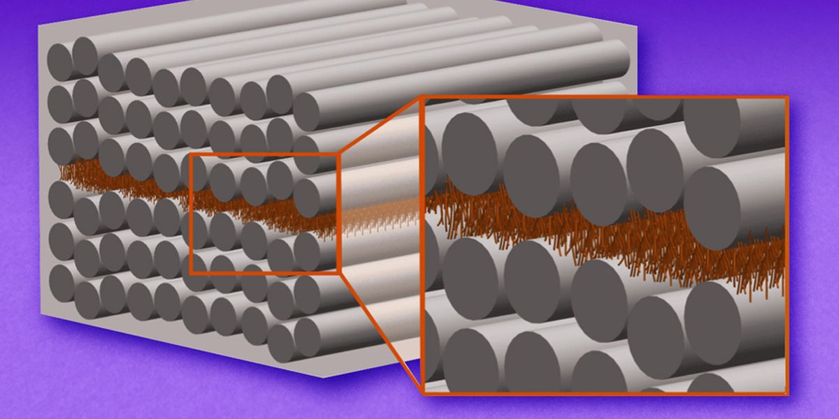 This schematic shows an engineered material with composite layers. Layers of carbon fibers (the long silver tubes) have microscopic forests of carbon nanotubes between them (the array of tiny brown objects). These tiny, densely packed fibers grip and hold the layers together, like ultrastrong Velcro, preventing the layers from peeling or shearing apart. Image: Courtesy of the researchers, edited by MIT News