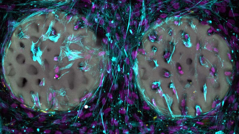 A promising sign: bone-forming cells (purple) have already colonised a hydrogel-based bone structure and are producing collagen (light blue). (Image: Margherita Bernero / ETH Zurich)