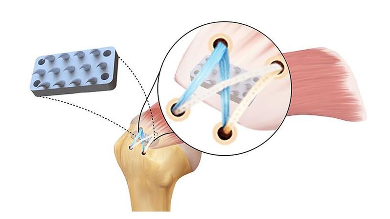 Schematic of the python tooth-inspired device interposed between tendon a bone significantly enhances standard rotator cuff repair. Credit: Iden Kurtaliaj/Columbia Engineering