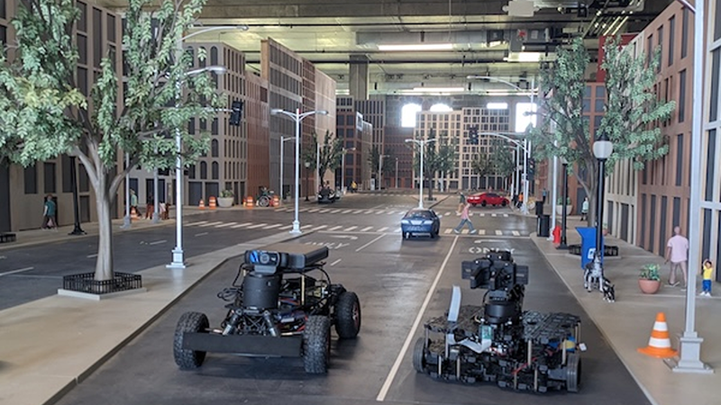 Yiannis Kantaros studies teams of autonomous robots working collaboratively in the Washington University Miniature City (WashU Mini-City), constructed in McKelvey Hall. (Photo: Yiannis Kantaros)