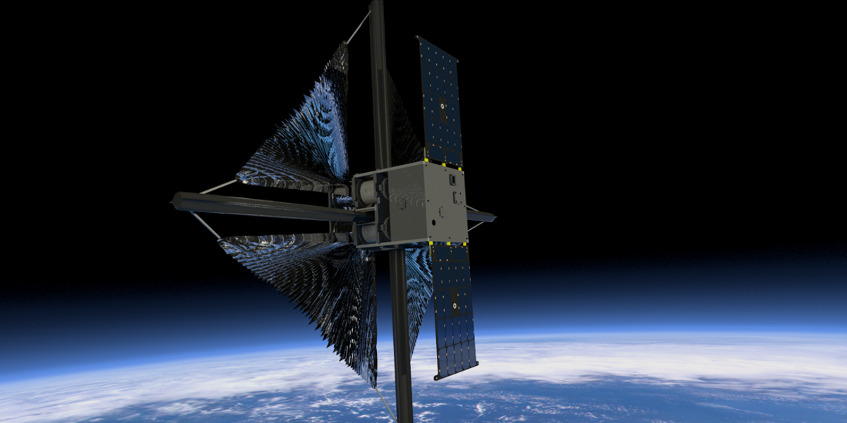 Illustration showing the solar sail beginning to unfurl after deployment of the spacecraft’s solar arrays. Credits: NASA