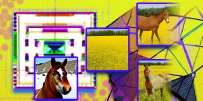 This photo illustration was created using generated images from an MIT system called Composable Diffusion, and arranged in Photoshop. Phrases like “diffusion model” and “network” were used to generate the pink dots and geometric, angular images. The phrase “a horse AND a yellow flower field” is included at the top of the image. Generated images of a horse and yellow field appear on the left, and the combined imagery of a horse in a yellow flower field appear on the right. Image: Jose-Luis Olivares, MIT and the researchers