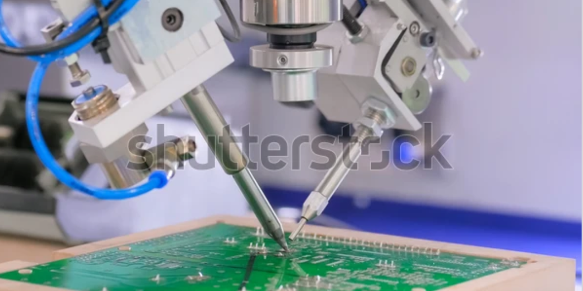 Process of selective soldering components to printed circuit boards at factory, exhibition - close up view. Automated technology, industrial, robotic, electronic, production, manufacturing concept