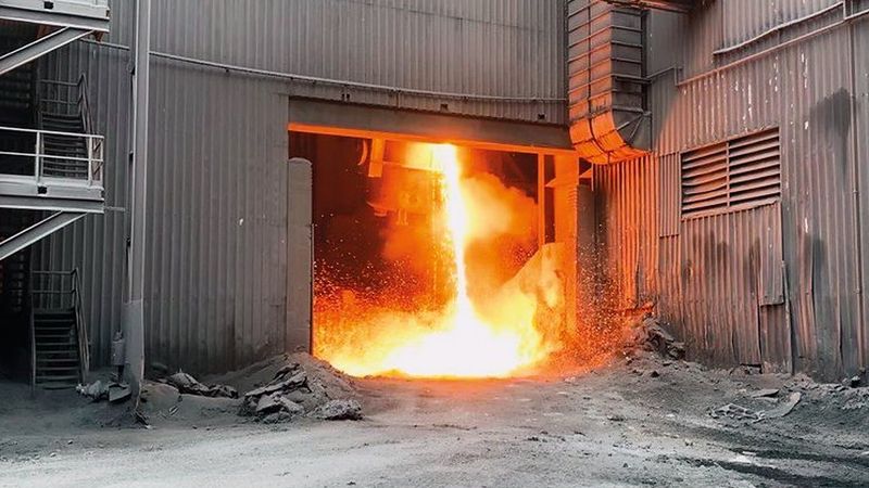 Electric Arc Furnace (EAF) steel recycling process. For the Cambridge Electric Cement process this material will be cooled to make Portland Cement clinker. Credit: UKFIRES