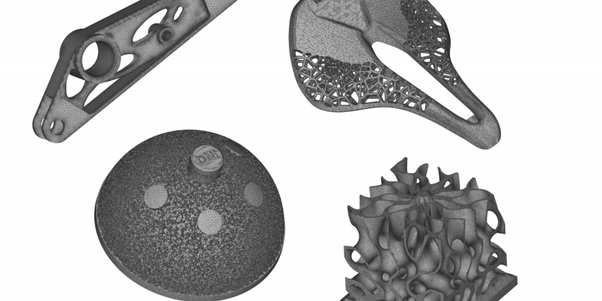 A selection of meshes of parts with intricate lattices, gyroid structures, and topology optimized shape generated in nTopology.