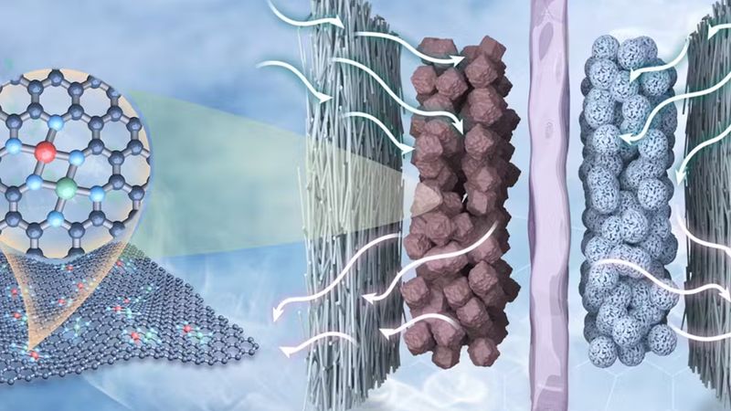 A visual illustration of the CO₂-to-CO electrolyzer developed by Gang Wu’s team. It features an iron-nickel dual-metal site catalyst that uses a synergistic effect to efficiently convert carbon dioxide into carbon monoxide. (Credit: Gang Wu