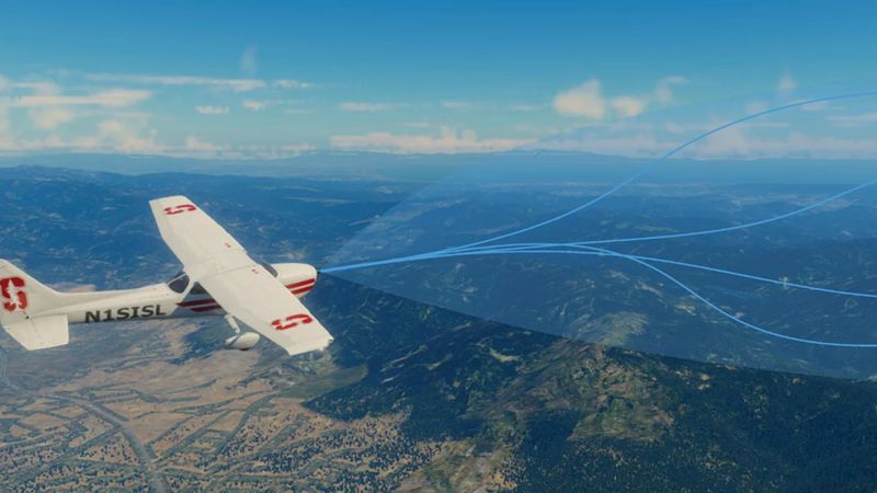 Image of the Cessna 172 aircraft used for the experiments in the X-Plane simulator with illustrations showing possible future trajectories of the system with uncertainty bounds. | Image courtesy of Joshua Ott using X-Plane by Laminar Research.