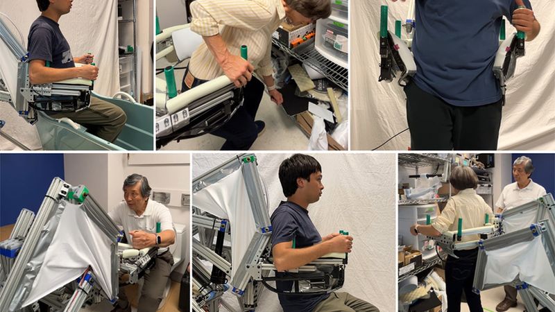 Six of multiple possible assistance scenarios with a prototype of a new robot being developed at MIT. Top row: getting into/out of a bathtub, bending down to reach objects, and catching a fall. Bottom row: powered sit-to-stand transition from a toilet, lifting a person from the floor, and walking assistance. Image: Courtesy of the researchers