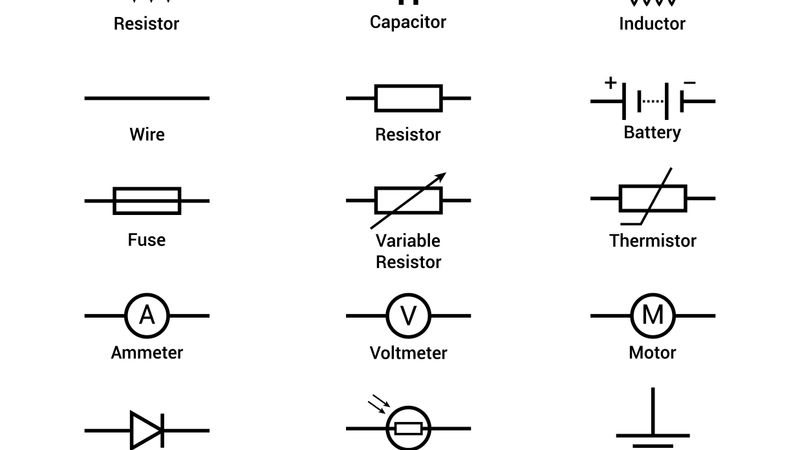 A circuit diagram featuring various component symbols
