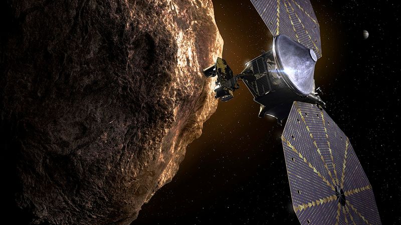 Asteroid flyby for NASA's Lucy mission. An artist's impression of NASA's Lucy spacecraft approaching the asteroid (52246) Donaldjohanson, which measures nearly four kilometres across. Lucy’s flyby on 20 April 2025, at a distance of 960 kilometres and a speed of 13.4 kilometres per second, will serve as a dress rehearsal for the study of the trojan asteroids in Jupiter's orbit, which the probe will reach in 2027/28 and again in 2033. The science team expects the satellite images of Donaldjohanson to reveal features as small as 50 metres. Credit: NASA/GSFC
