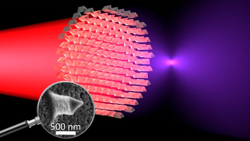 Infrared light passes through the metal lens and is converted into violet light and focussed in a focal point due to the material and the special surface structures – enlarged in the magnifying glass. (Graphics: Ü.Talts / ETH Zurich)