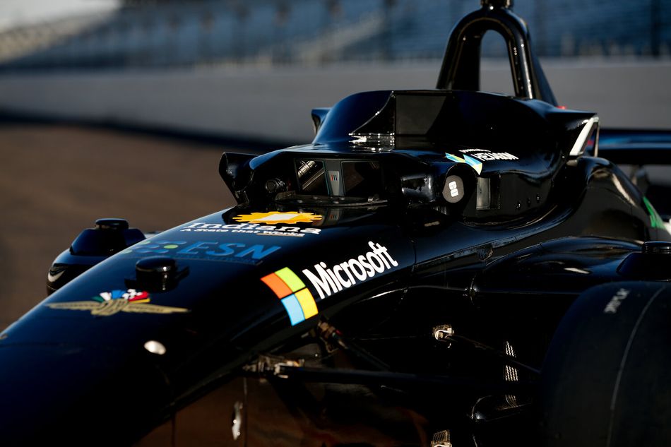 Close up of a Dallara racecar modified for the Indy Autonomous Challenge.