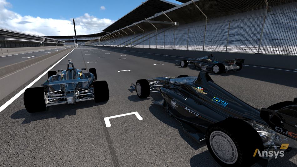 Three race cars on a simulation race track.