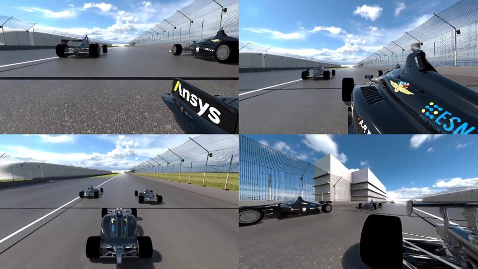 Four views of the Indy Autonomous Simulation Race from the cockpit of the racecar. 