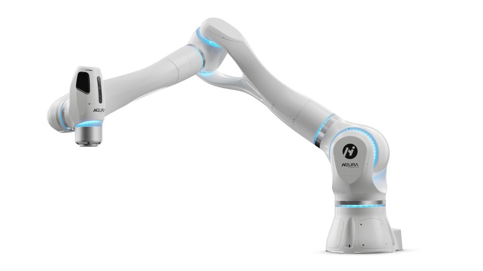 MAiRA, a white collaborative robot arm with blue light sensors. 