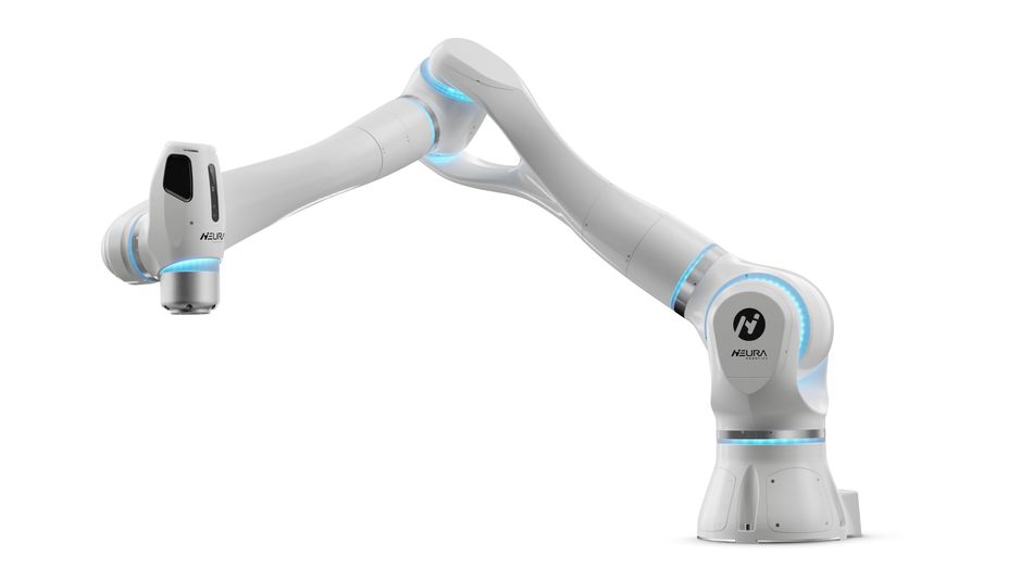 MAiRA, a white collaborative robot arm with blue light sensors. 