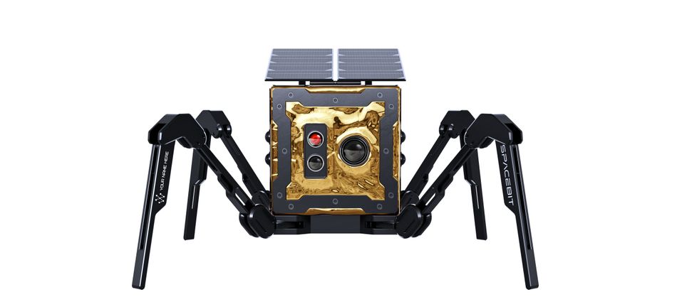 A small square gold rover robot with four black spider-like legs.