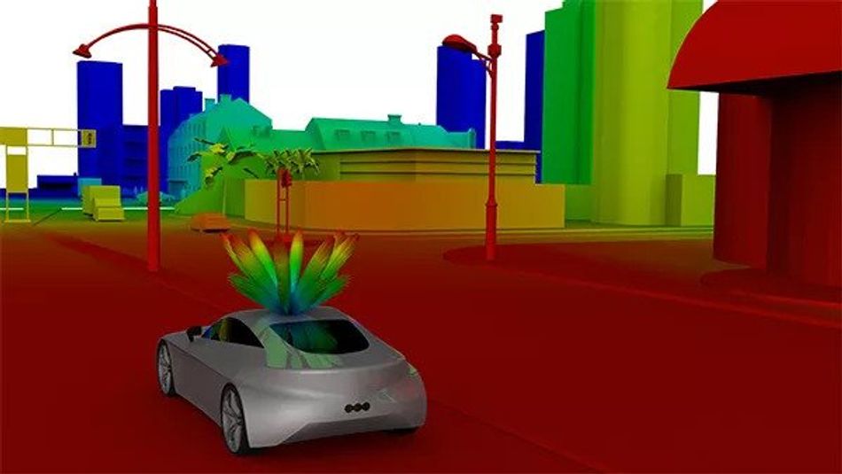 Simulated city street with a vehicle with simulated antenna beams