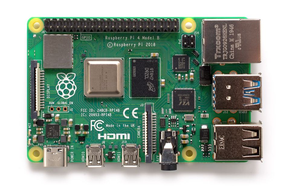 A Raspberry Pi 4 Model B 8GB single-board computer, viewed from above with the Ethernet and USB ports to the right.