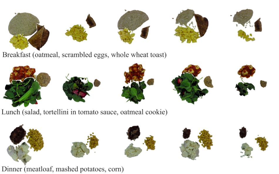 Images of several different meal types, with the background and plate removed; each mean is shown in various stages of being consumed.