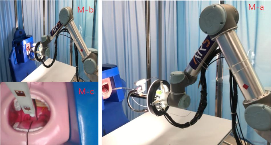 Photos of the robot sampling system in action, taking a sample from a model during the initial testing prior to human trials.