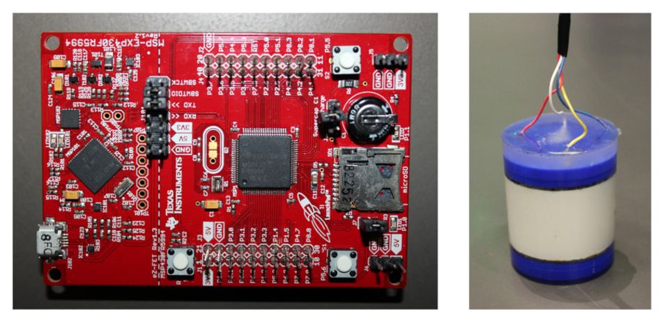 A picture of a Texas Instruments MSP430FR4994 microcontroller development board, next to a white and blue device described by its creators as an energy harvesting backscatter system for underwater use.