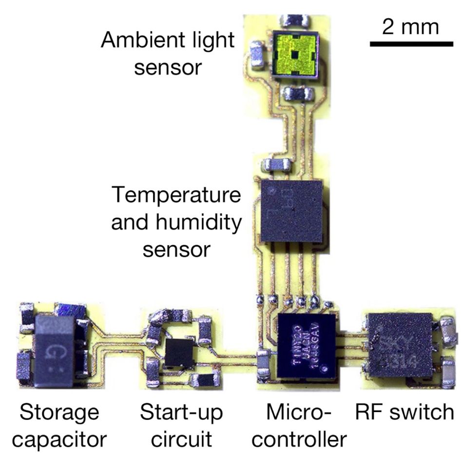 A photograph of an electronics payload, minus the solar panels. A scale shows that the rough width of each section is under 2mm, and the following sections are labelled: Ambient light sensor; temperature and humidity sensor; storage capacitor; start-up circuit; microcontroller; and RF switch.