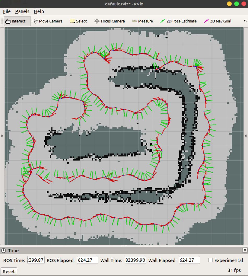 A screenshot of the RViz software showing a map generated by a HeRo 2.0 robot; its path can be seen as a continuous line surrounded by data from its on-board distance sensors.