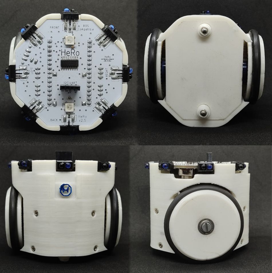 Four photographs of a HeRo 2.0 prototype shown from the top with its circuit board and distance sensors, from underneath with its wheels and castors visible, from the front, and from the side.