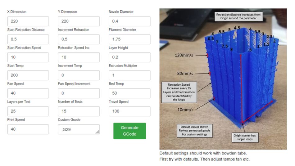 A screenshot of Karl Johnson's Calibration Generator, with default settings. A photograph of a finished calibration print, labelled, is to the right.