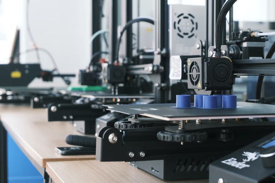 A photograph of several 3D printers in a row. The closest printer is printing tube-like objects.