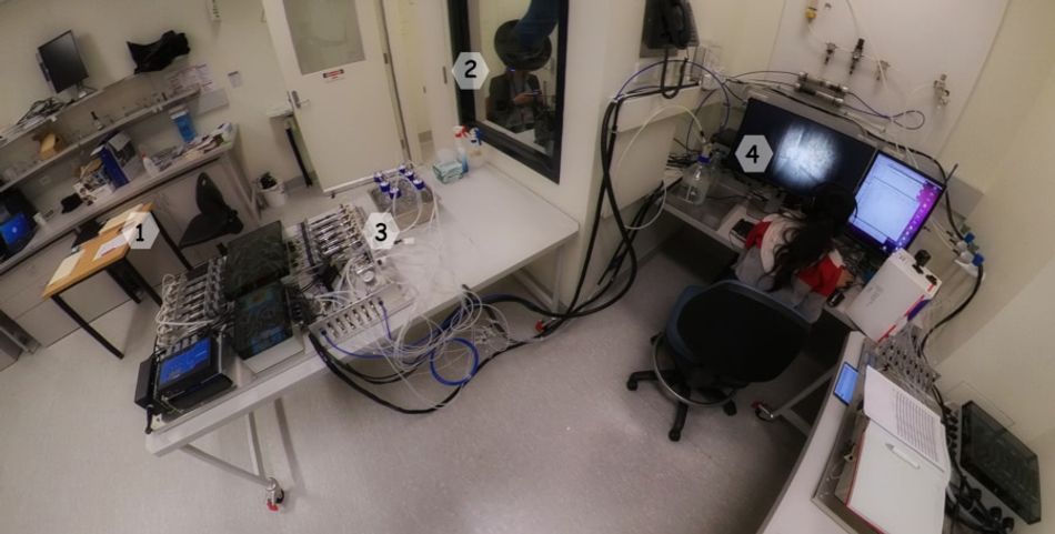 A photograph of the CSIRO lab where experiments into adding smells to virtual reality environments took place, Four areas are numbered: 1, a questionnaire table; 2, a user gameplay area; 3, an olfactometer; 4, a monitoring and supervision station. A player is seen in the gameplay area; a researcher is seen at the monitoring station.