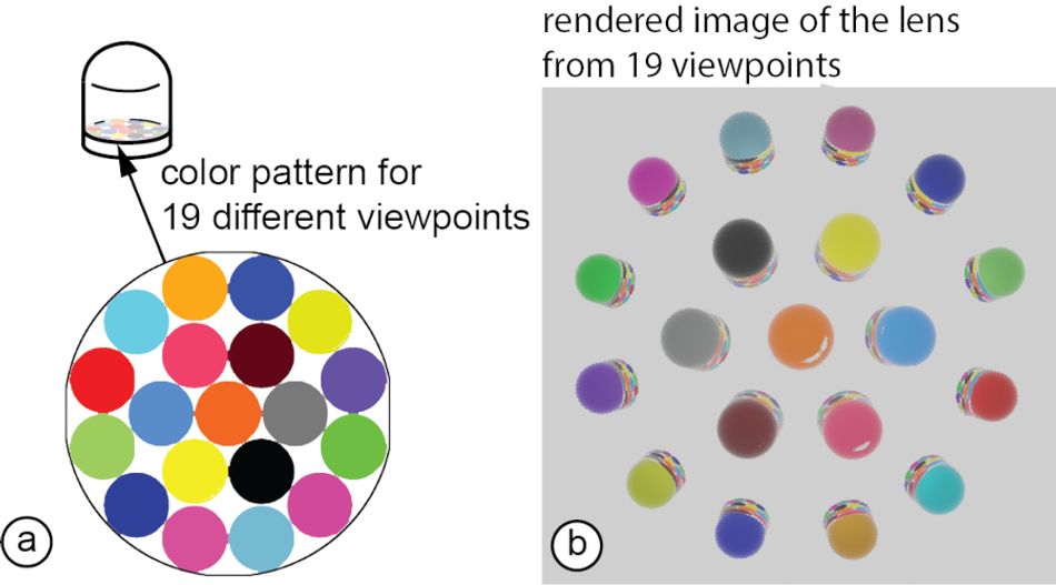 A diagram showing 19 colours circles, themselves arranged in a circle, under a lenticular lens, labeled "color pattern for 19 different viewpoints." A second image shows a 3D rendering of the lens seen from each of the 19 viewpoints, showing a unique color from each viewpoint.