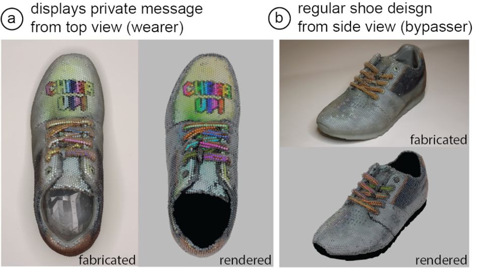Images of a 3D-printed shoe, both real photographs and 3D ray-traced renders from the MIT modeling software. The left-hand images show the show from above, with the message "CHEER UP!" visible on the toe area; the right-hand images show the same show from an angle, with the message no longer visible.