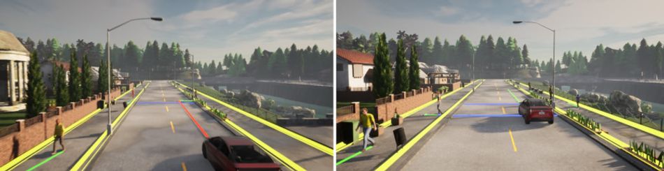 Two images captured from the CARLA autonomous vehicle simulation tool. The left-hand image shows a planner predicting a collision with a crossing pedestrian and slowing accordingly; the right-hand image shows the vehicle having safely crossed the road segment where the pedestrian has already been.