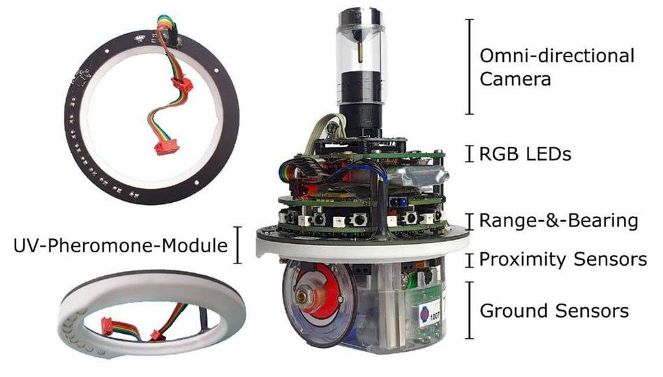 Extended version of e-puck equipped with UV-pheromone-module and omni-directional camera