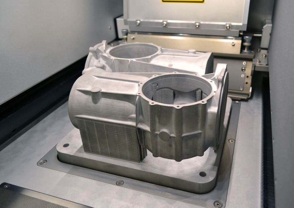 A 3d model with supports created in a laser sintering machine stays in the working chamber. DMLS, SLM, SLS technology. Concept of 4.0 industrial revolution. Progressive modern additive manufacturing process.